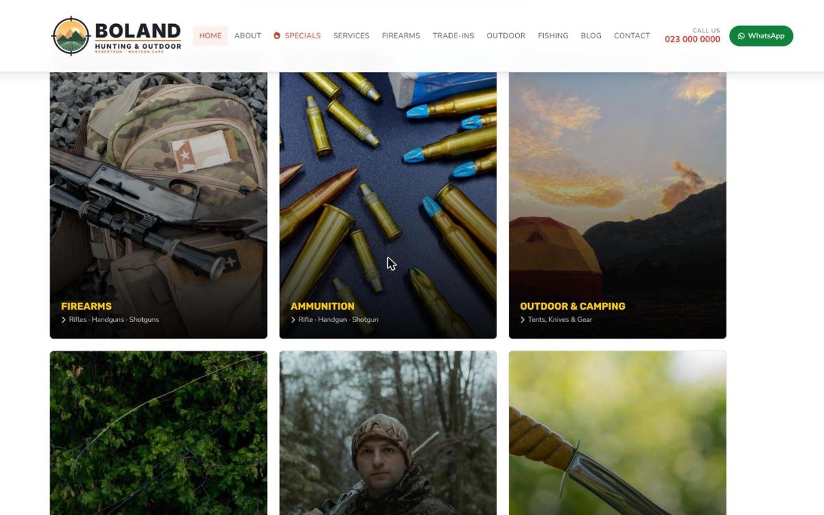 Boland Hunting and Outdoor demo website shop category tiles