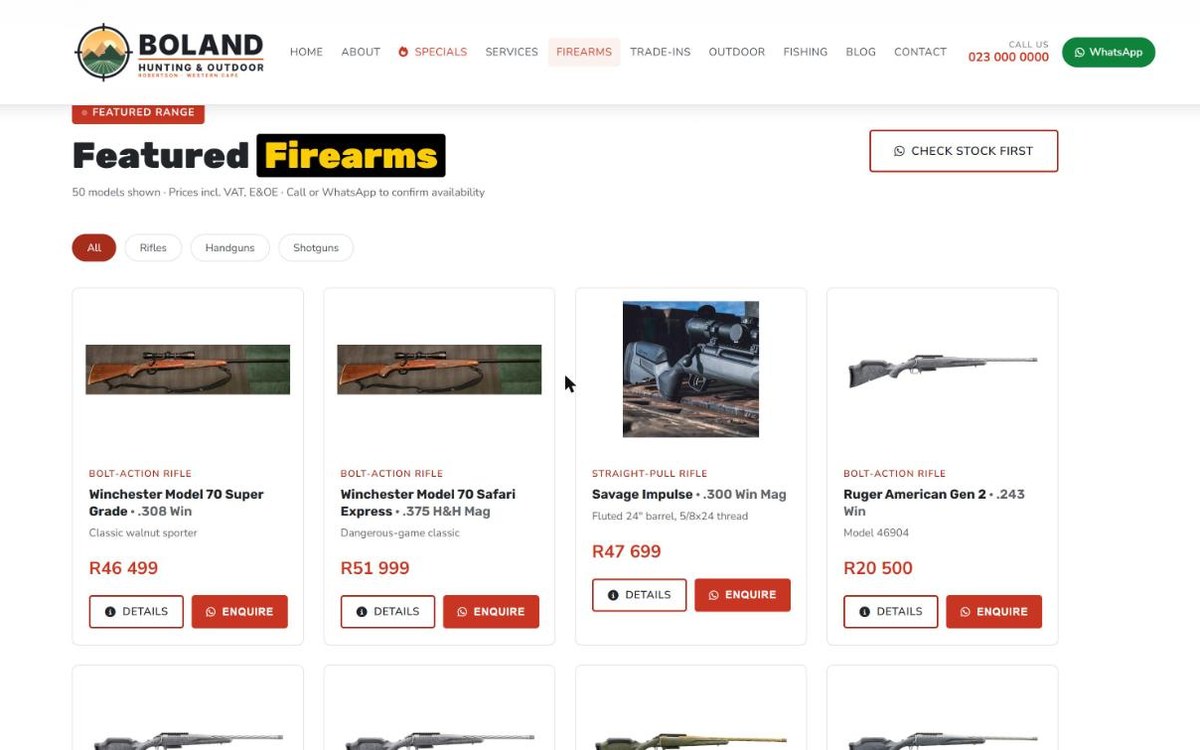 Boland Hunting and Outdoor demo website firearms product list