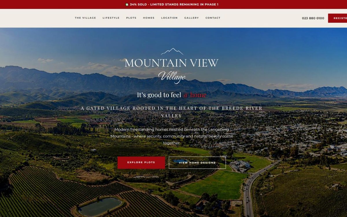 Mountain View Village website home page with an aerial view of the Breede River Valley and the Langeberg mountains