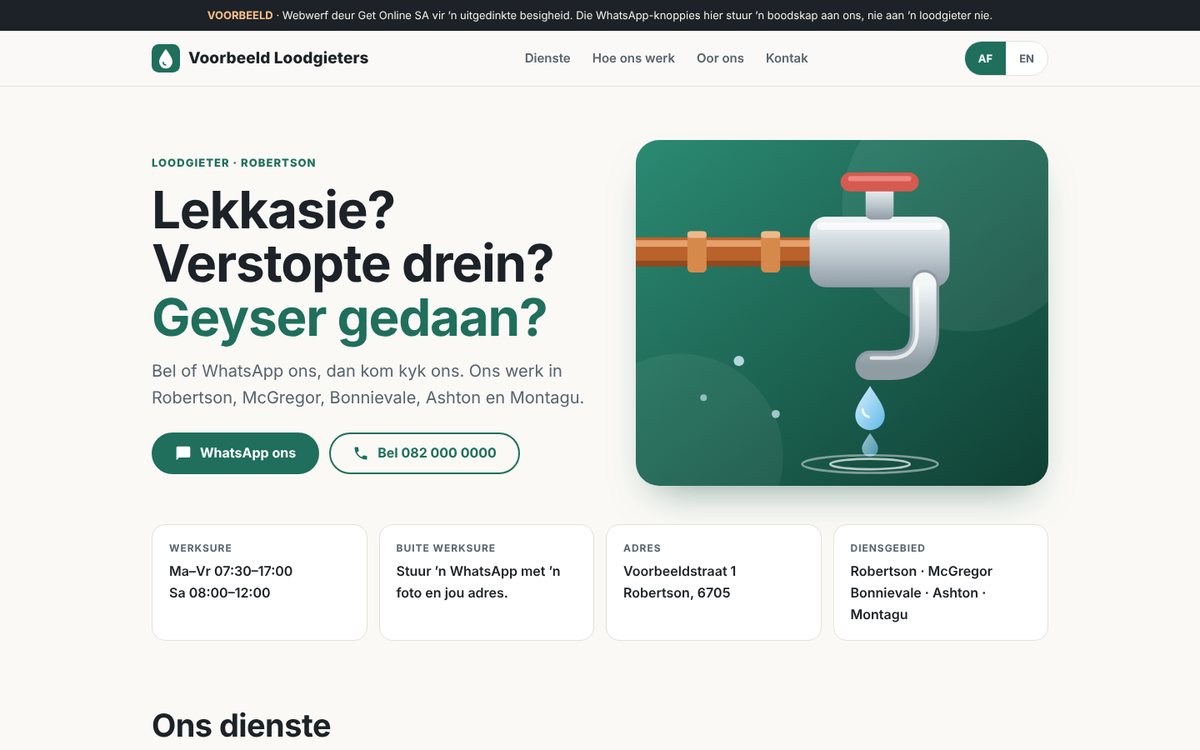 Home page of the Voorbeeld Loodgieters example website, a made-up plumber in Robertson